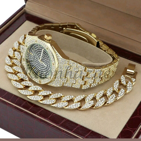 MEN ICED OUT 14K GOLD PT OCTAGON SHAPE WATCH CUBAN - Picture 3 of 5